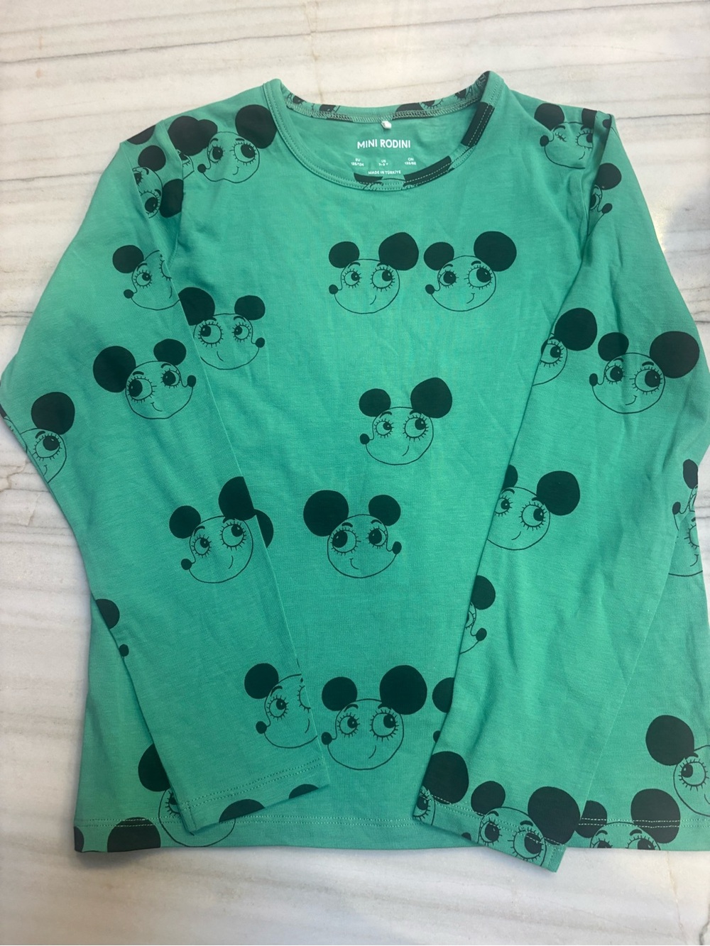 Mini Rodini Teal Green Long Sleeve Tee with Black Mouse Faces